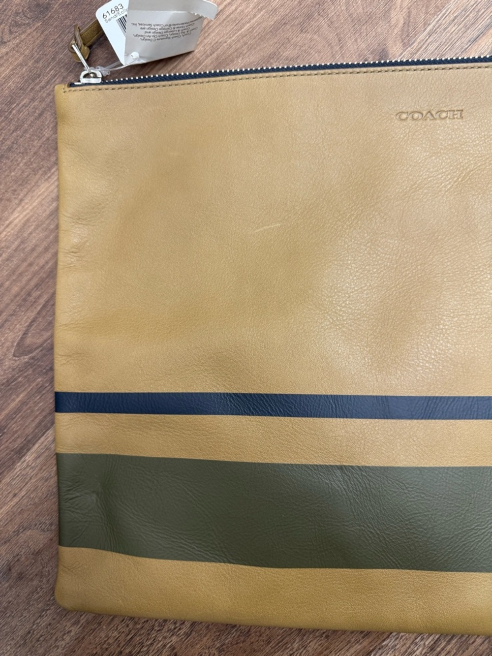 COACH Men's Tan and Olive Leather Zip Pouch with Black Stripes - Picture 4 of 11